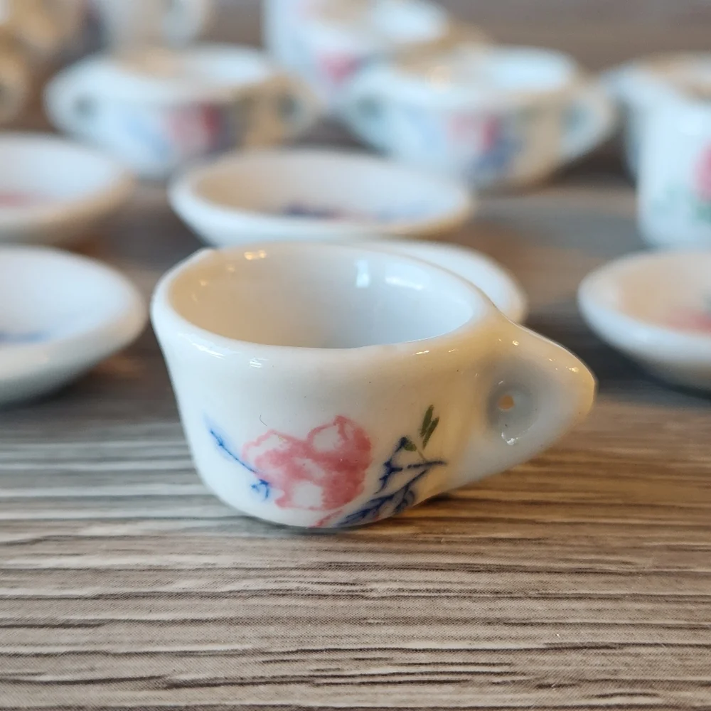Vintage Porcelain Tea Set 17 Pieces And 1 Bonus Piece Blue Pink Miniatures